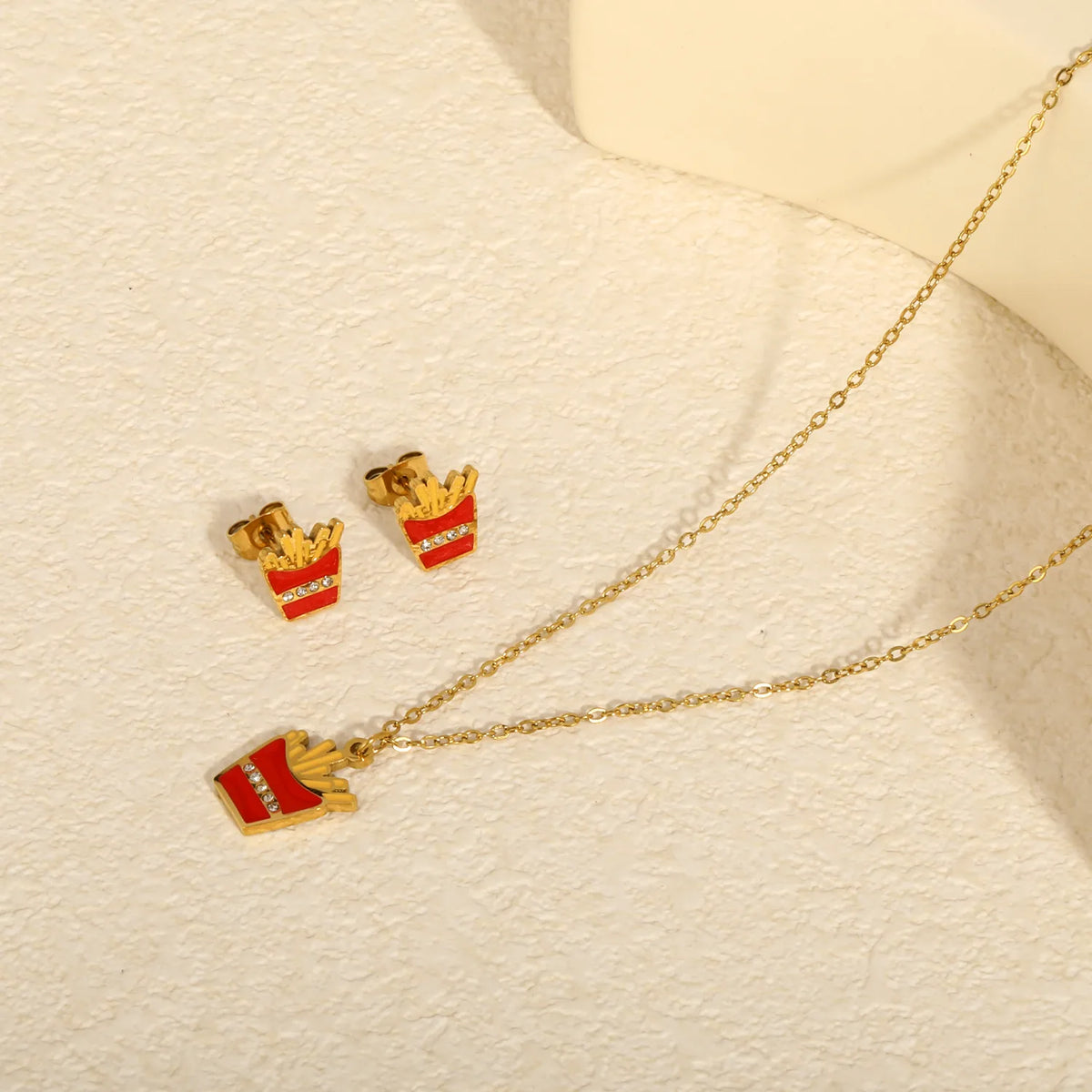 Cartoon  French Fries Design Jewelry Set | 18K Gold Plated Necklace & Stud Earrings | MOQ 12