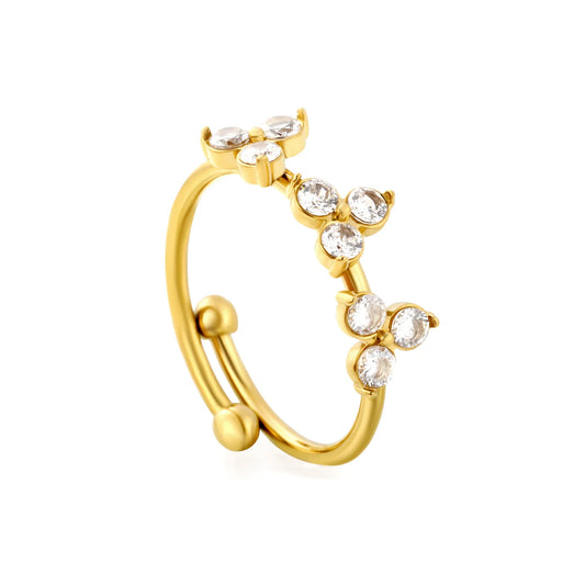 Dainty CZ Three Flower Open Cuff Ring | Wholesale MOQ 12 | 18K Gold Plated Stainless Steel Ring Wholesale
