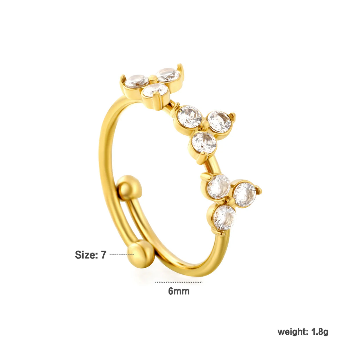 Dainty CZ Three Flower Open Cuff Ring | Wholesale MOQ 12 | 18K Gold Plated Stainless Steel Ring Wholesale