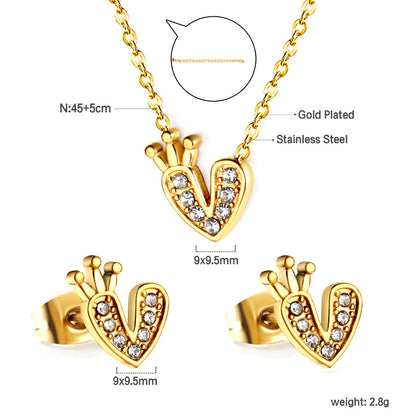 Heart with Crown Pendant Jewelry Set with Diamonds Steel/Gold