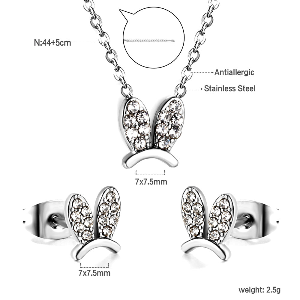 Rabbit Headdress Pendant with Diamonds Jewelry Set Steel/Gold