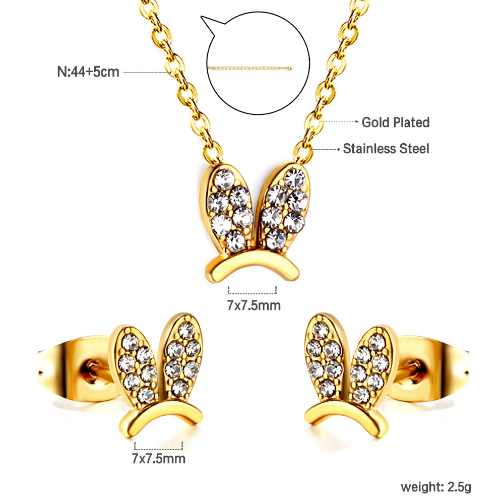Rabbit Headdress Pendant with Diamonds Jewelry Set Steel/Gold