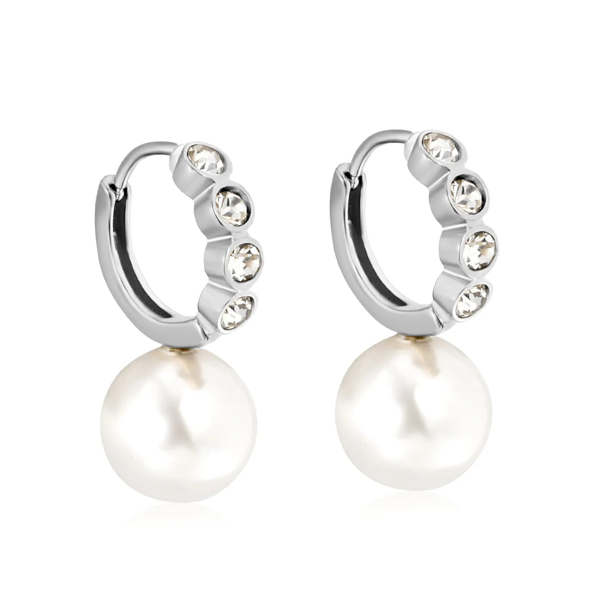 CZ Inlaid Pearl Drop Huggie Hoop Earrings | Gold & Steel Color Option | Wholesale MOQ 12