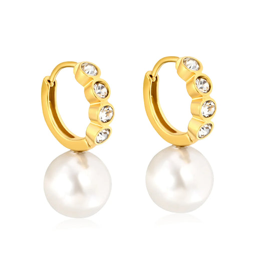 CZ Inlaid Pearl Drop Huggie Hoop Earrings | Gold & Steel Color Option | Wholesale MOQ 12