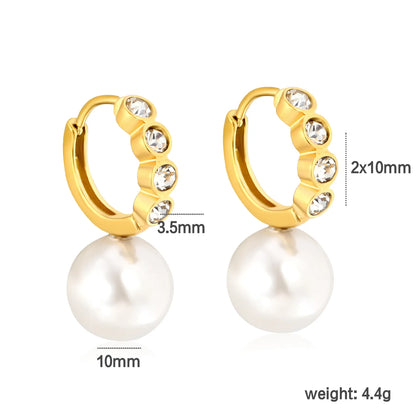 CZ Inlaid Pearl Drop Huggie Hoop Earrings | Gold & Steel Color Option | Wholesale MOQ 12