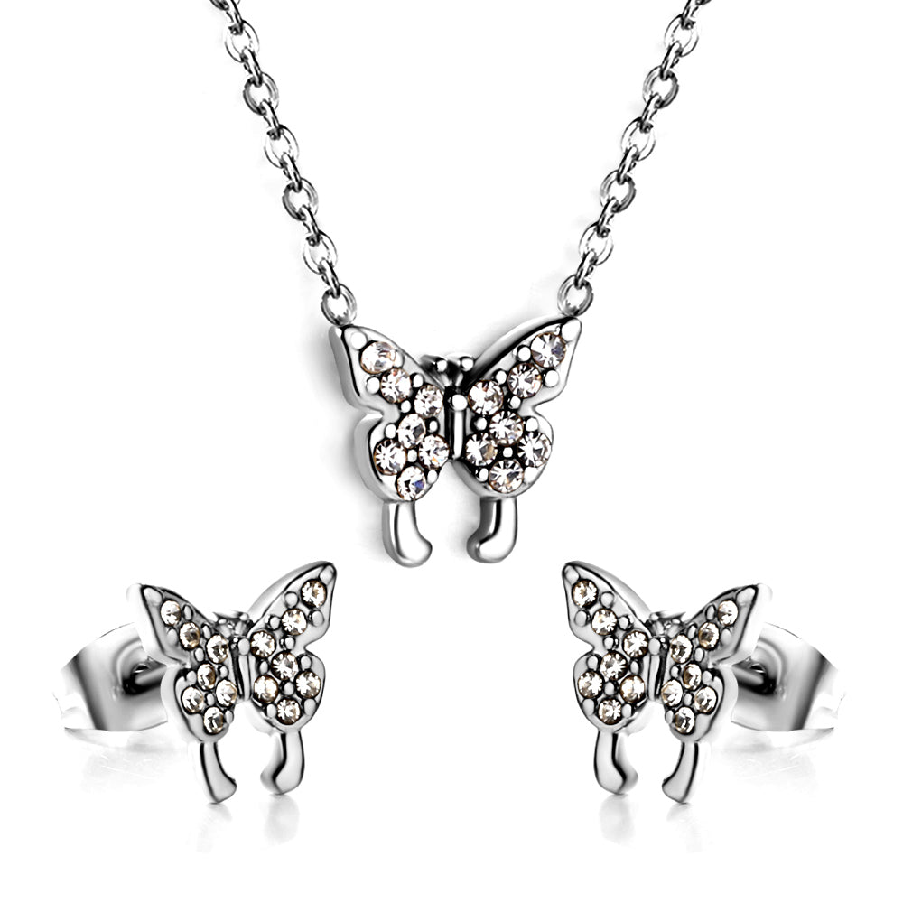 Butterfly Pendant Jewelry Set with Diamonds Steel/Gold