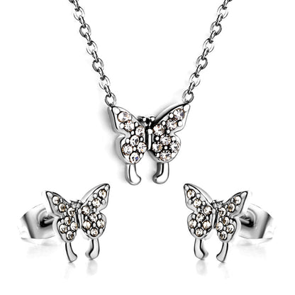 Butterfly Pendant Jewelry Set with Diamonds Steel/Gold