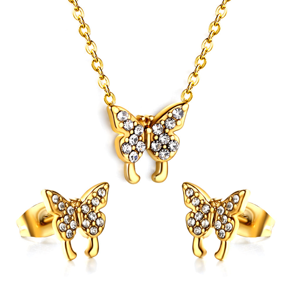 Butterfly Pendant Jewelry Set with Diamonds Steel/Gold