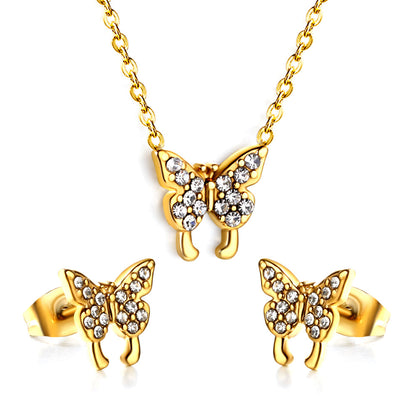 Butterfly Pendant Jewelry Set with Diamonds Steel/Gold