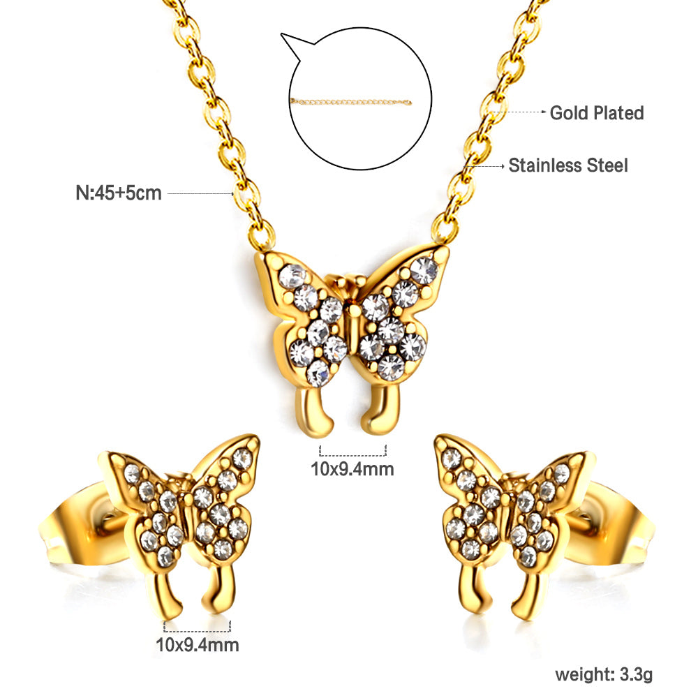Butterfly Pendant Jewelry Set with Diamonds Steel/Gold