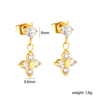 Dainty Round CZ Four Leaf Clover Drop Stud Earrings | 18K Gold Plated Stainless Steel | Wholesale MOQ 12