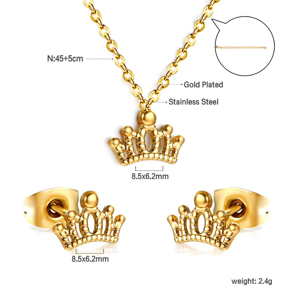 Gold/Steel Polished Crown Shape Jewelry Set