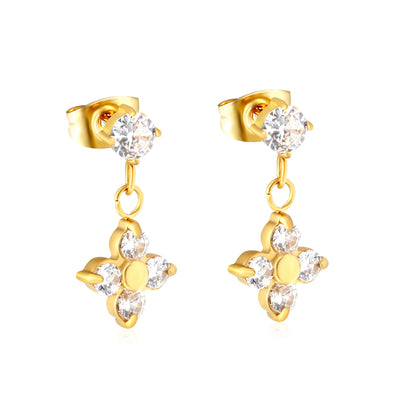Dainty Round CZ Four Leaf Clover Drop Stud Earrings | 18K Gold Plated Stainless Steel | Wholesale MOQ 12