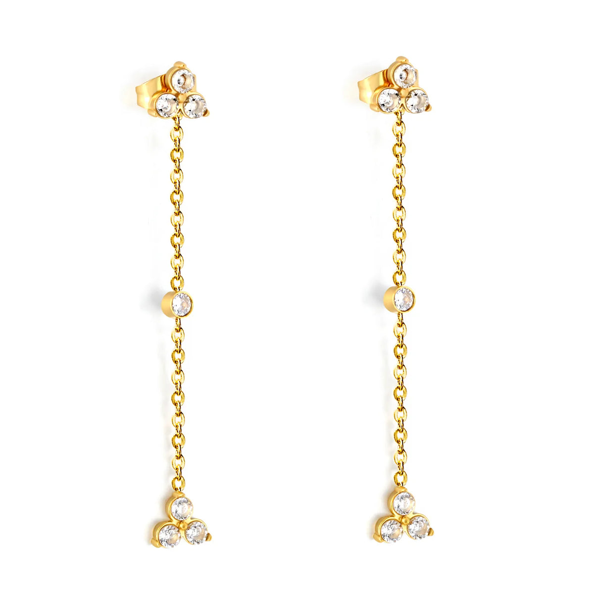4 Styles Dainty CZ Long Chain Drop Stud Earrings | 18K Gold Plated Stainless Steel | Tassel Earrings Wholesale MOQ 12