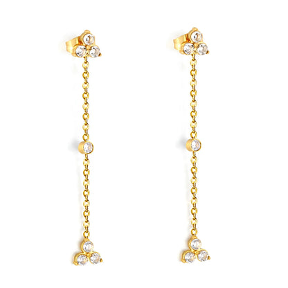 4 Styles Dainty CZ Long Chain Drop Stud Earrings | 18K Gold Plated Stainless Steel | Tassel Earrings Wholesale MOQ 12