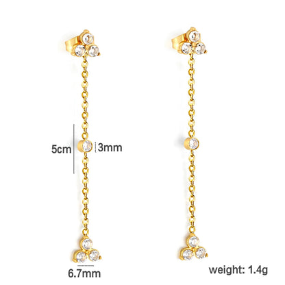 4 Styles Dainty CZ Long Chain Drop Stud Earrings | 18K Gold Plated Stainless Steel | Tassel Earrings Wholesale MOQ 12