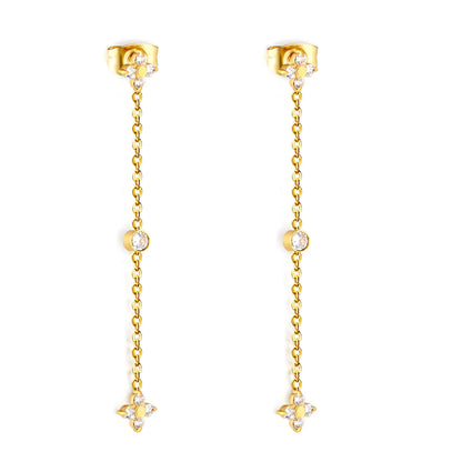 4 Styles Dainty CZ Long Chain Drop Stud Earrings | 18K Gold Plated Stainless Steel | Tassel Earrings Wholesale MOQ 12