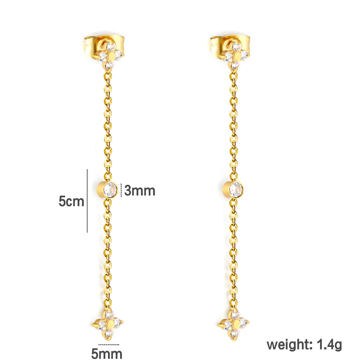 4 Styles Dainty CZ Long Chain Drop Stud Earrings | 18K Gold Plated Stainless Steel | Tassel Earrings Wholesale MOQ 12