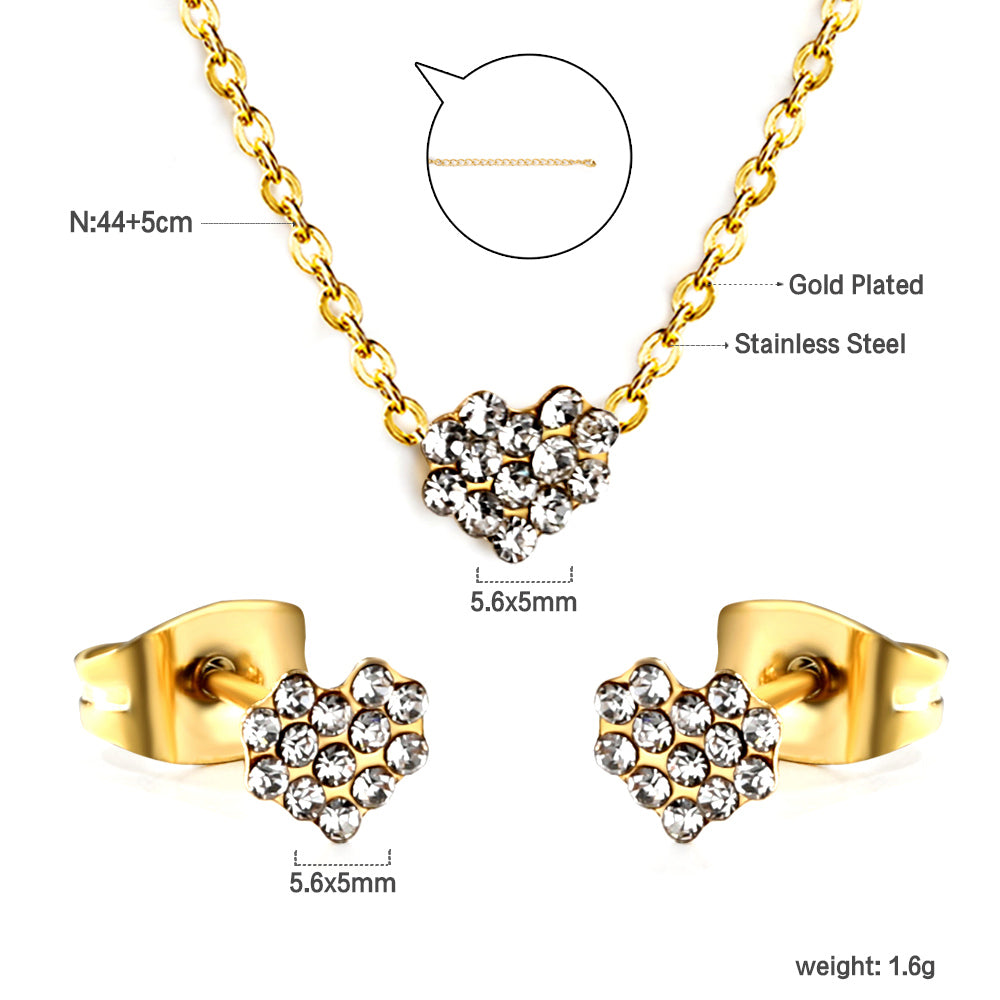 Gold/Steel Heart Shape Jewelry Set with Diamonds