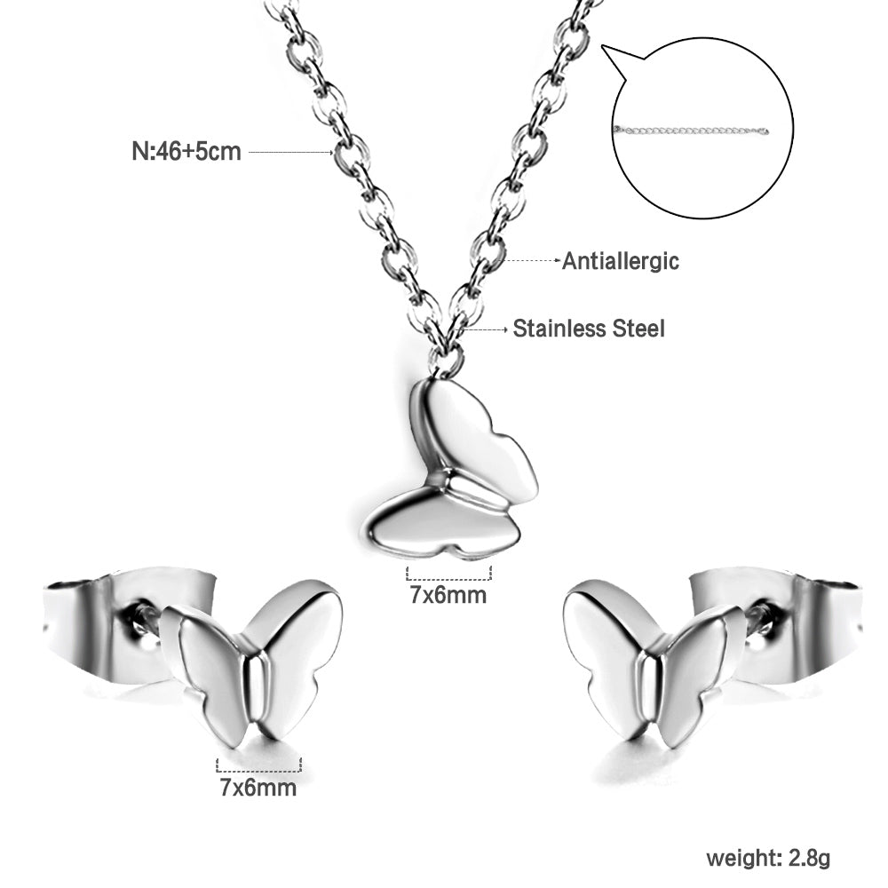 Gold/Steel Butterfly Pendant Jewelry Set in Polished Finish