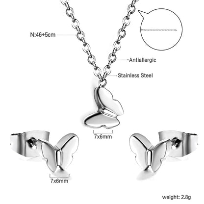 Gold/Steel Butterfly Pendant Jewelry Set in Polished Finish