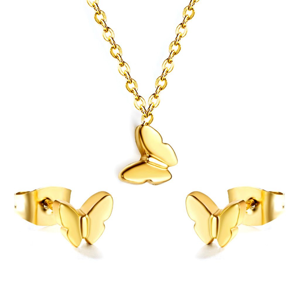 Gold/Steel Butterfly Pendant Jewelry Set in Polished Finish