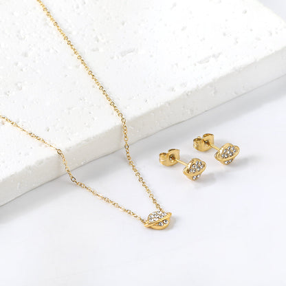 Gold/Steel Planet + Orbit Pendant with Diamonds Jewelry Set