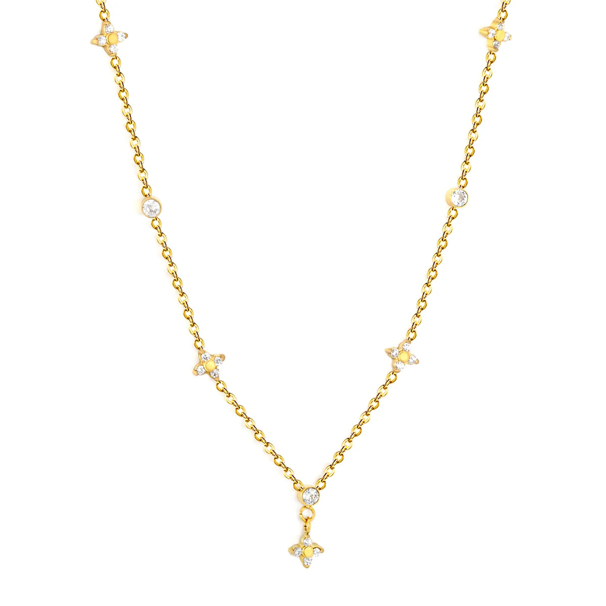 Dainty Four Leaf Clover & Round CZ Station Rolo Chain Necklace Wholesale | 18K Gold Plated | MOQ 12