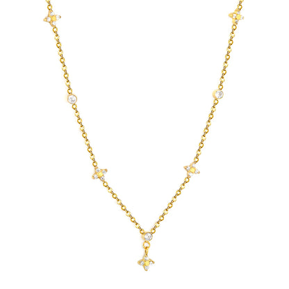 Dainty Four Leaf Clover & Round CZ Station Rolo Chain Necklace Wholesale | 18K Gold Plated | MOQ 12