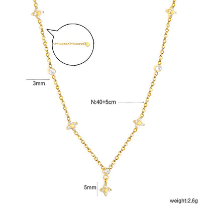 Dainty Four Leaf Clover & Round CZ Station Rolo Chain Necklace Wholesale | 18K Gold Plated | MOQ 12