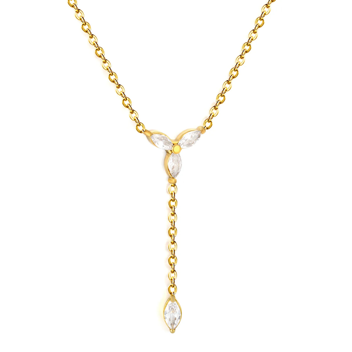 Marquise CZ Floral Y Lariat Rolo Chain Necklace | Wholesale MOQ 12 | 18K Gold Plated