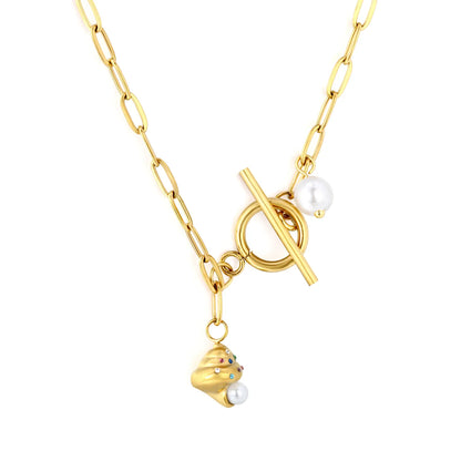 Ice Cream Charm Pearl Paperclip Chain Necklace Wholesale | 18K Gold Plated | Toggle Clasp Design