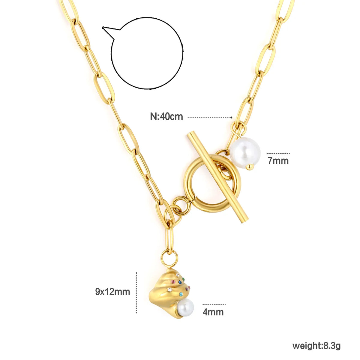 Ice Cream Charm Pearl Paperclip Chain Necklace Wholesale | 18K Gold Plated | Toggle Clasp Design