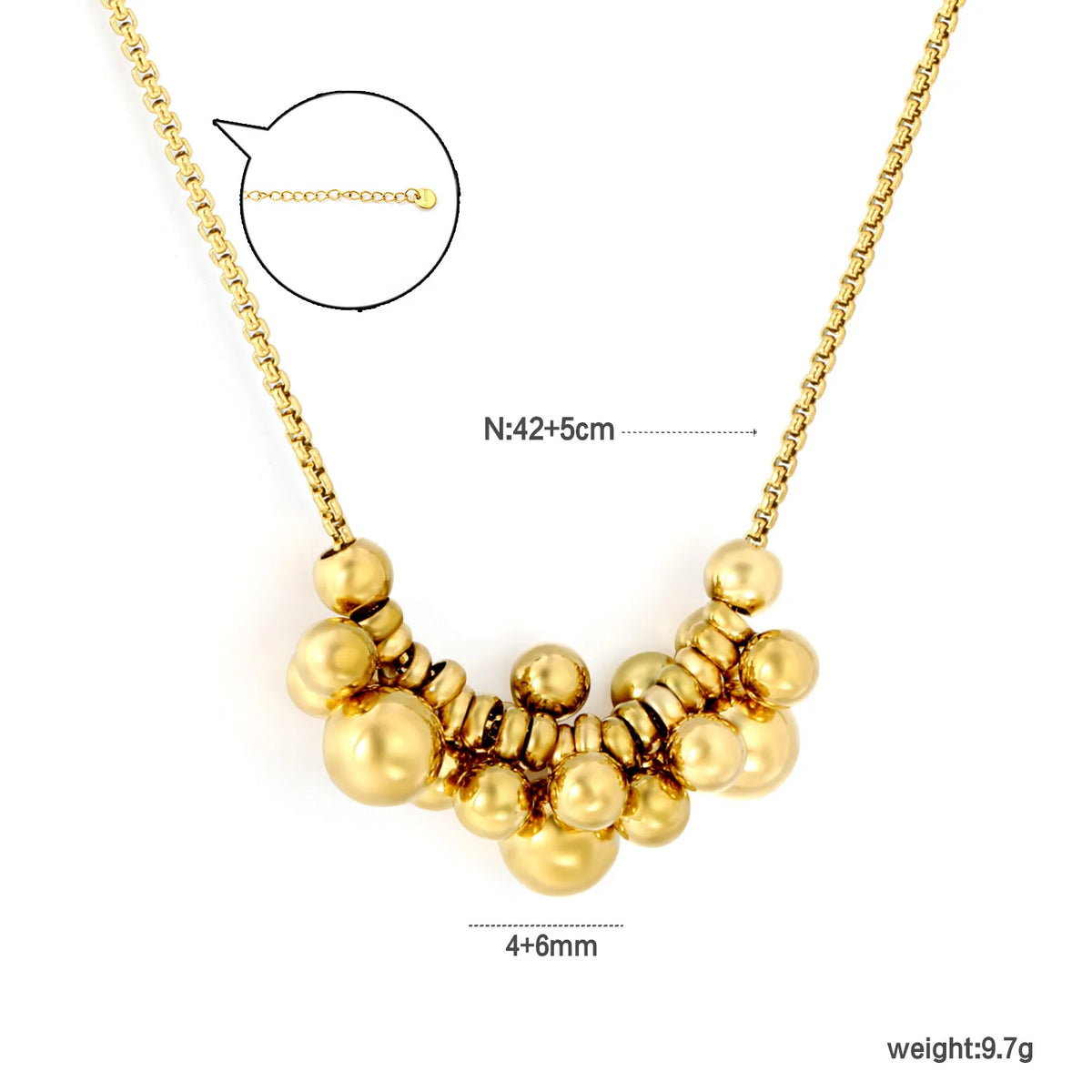 Cluster Gold Bead Box Chain Necklace | Multi-Size Ball Pendant Design | 18K Gold Plated Statement Necklace MOQ12