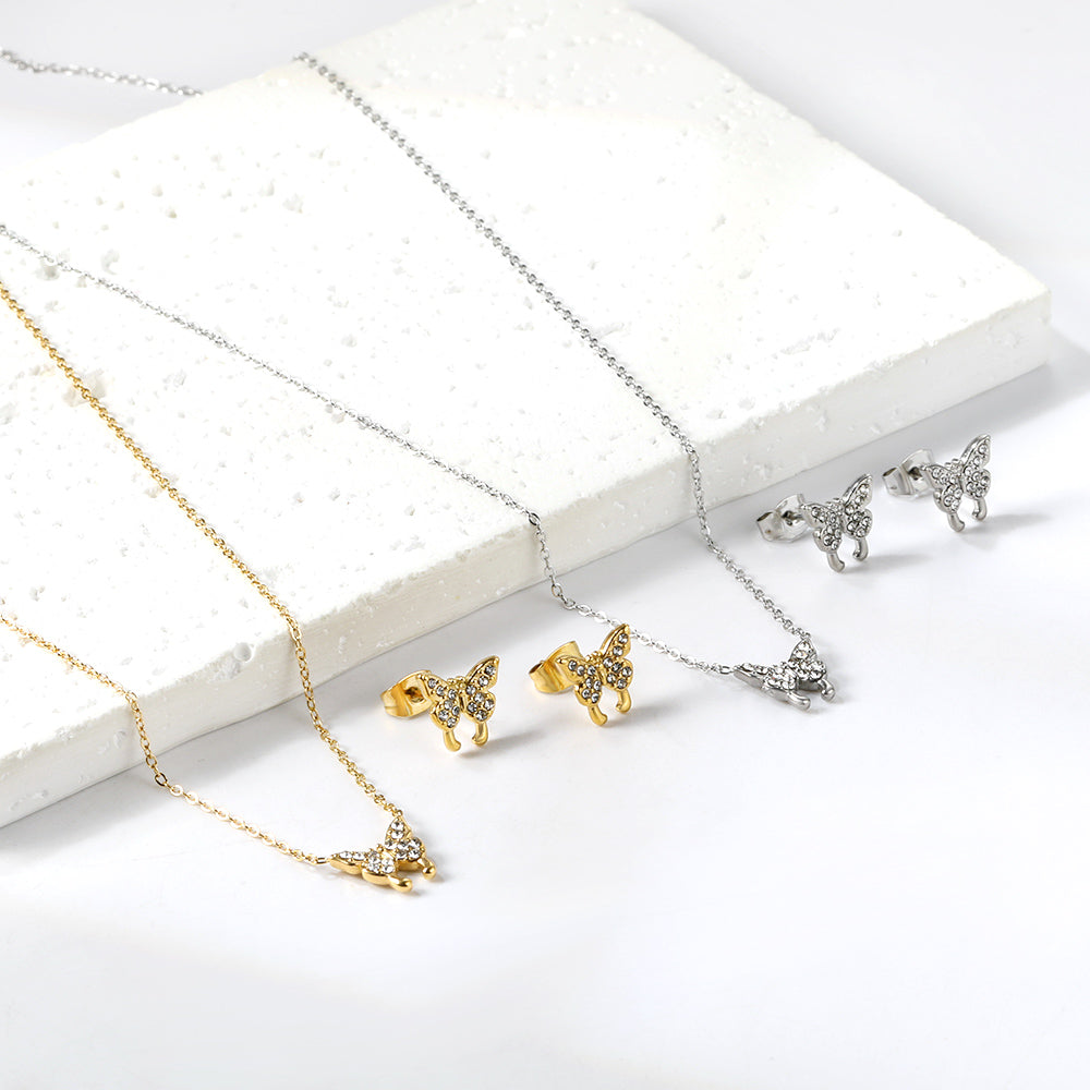 Butterfly Pendant Jewelry Set with Diamonds Steel/Gold