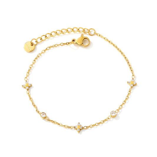 Elegant Four Leaf Clover Station Zircon Bracelet | 17+3cm Adjustable | 18K Gold Plated | Wholesale MOQ 12