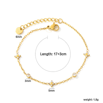 Elegant Four Leaf Clover Station Zircon Bracelet | 17+3cm Adjustable | 18K Gold Plated | Wholesale MOQ 12