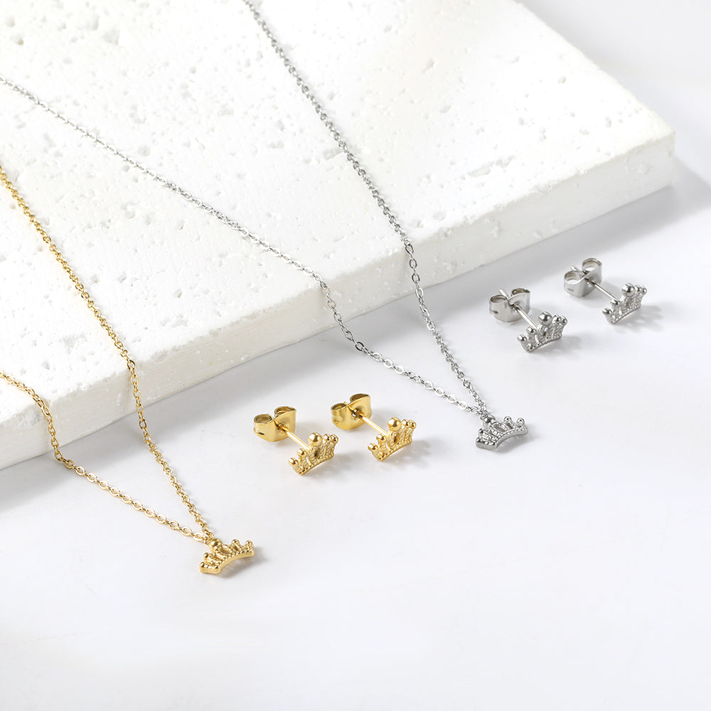 Gold/Steel Polished Crown Shape Jewelry Set