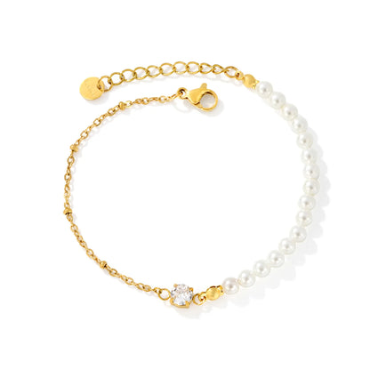Wholesale Dainty Pearl & Single Zircon Bracelet | 18k gold plated Stackable Wrist Chain MOQ 12