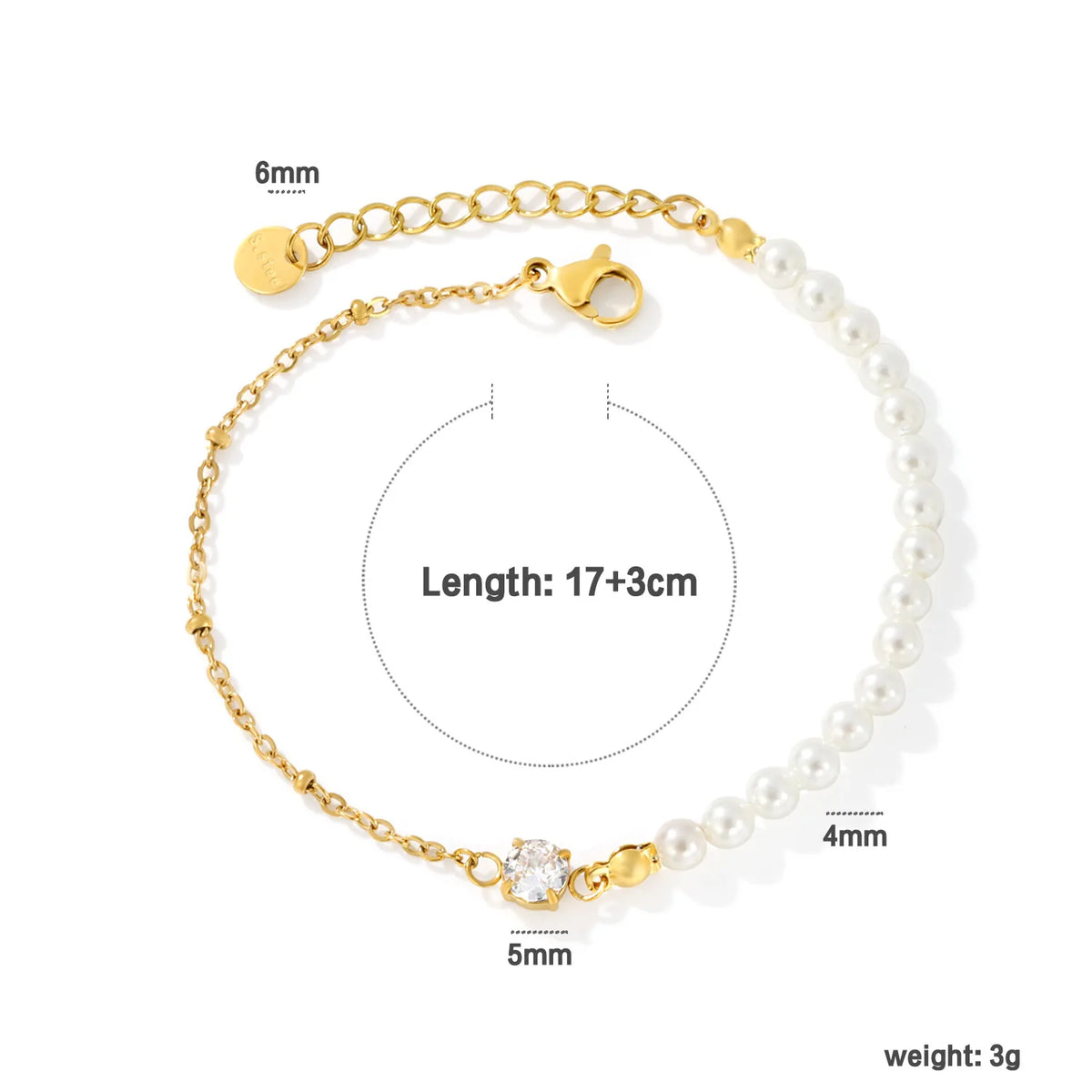 Wholesale Dainty Pearl & Single Zircon Bracelet | 18k gold plated Stackable Wrist Chain MOQ 12