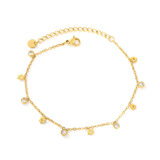 18K Gold Plated Stainless Steel Anklet with CZ Sun Charm | Wholesale MOQ 12