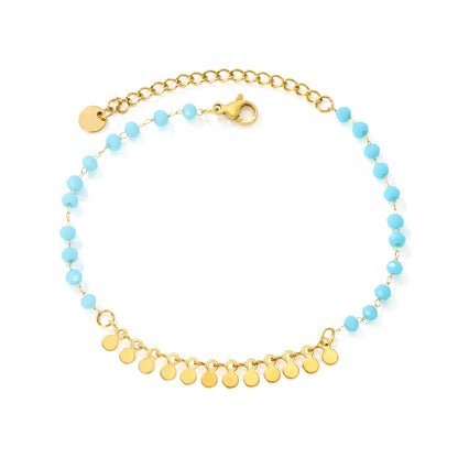 Blue Bead Disc Charm Anklet | Wholelsale MOQ 12 | 18K Gold Plated Stainless Steel Summer Ankle