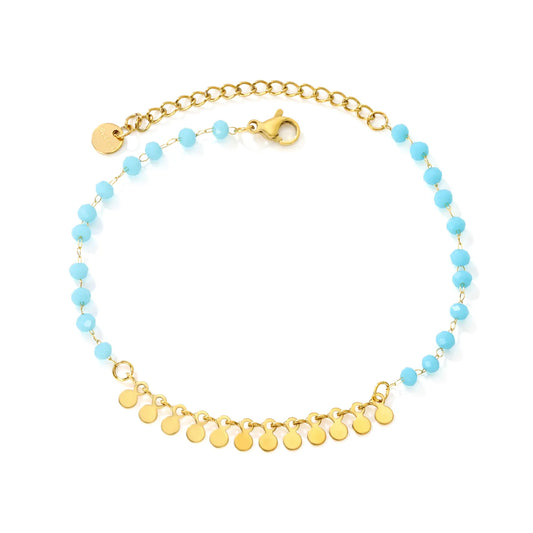Blue Bead Disc Charm Anklet | Wholelsale MOQ 12 | 18K Gold Plated Stainless Steel Summer Ankle
