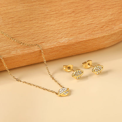 Gold/Steel Planet + Orbit Pendant with Diamonds Jewelry Set