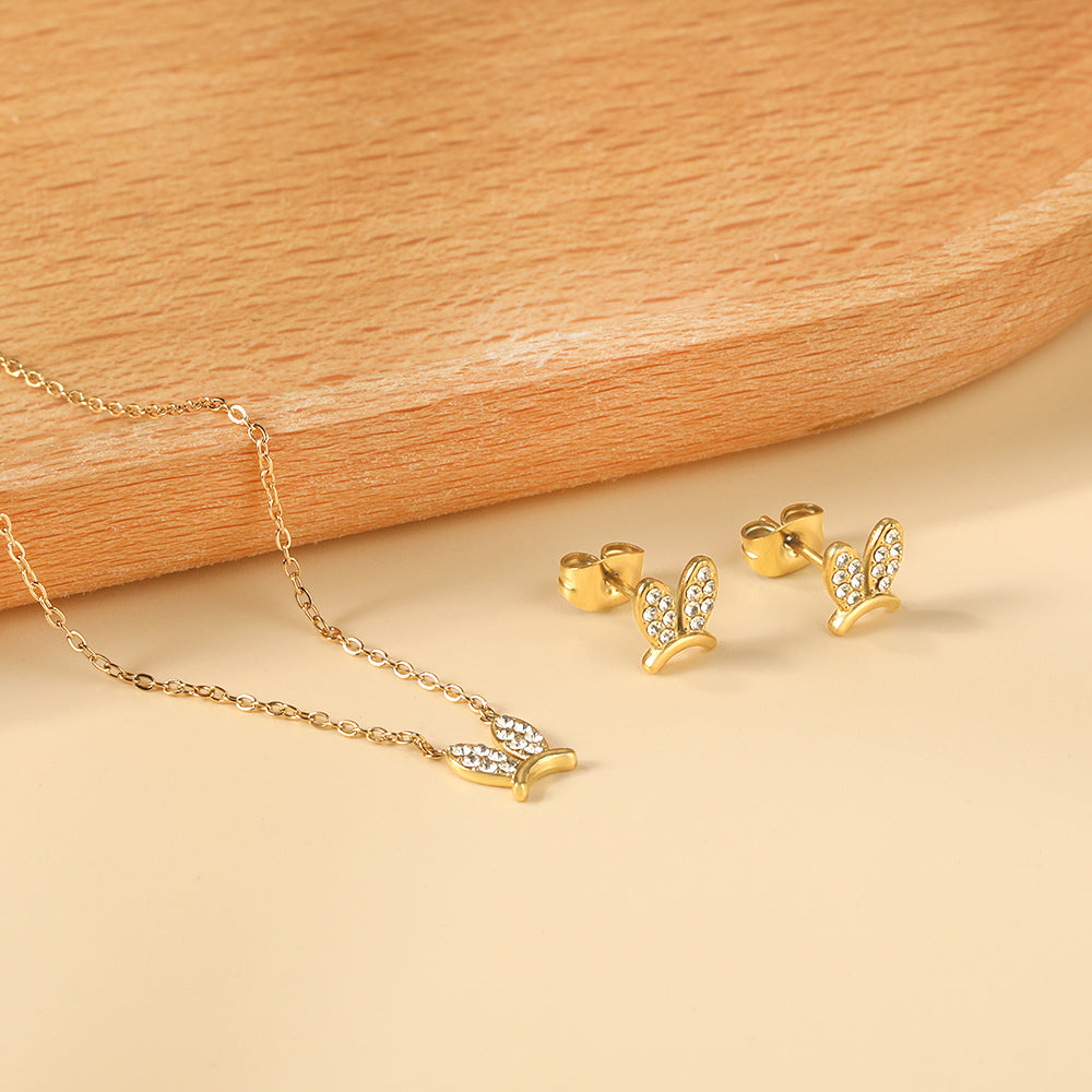 Rabbit Headdress Pendant with Diamonds Jewelry Set Steel/Gold