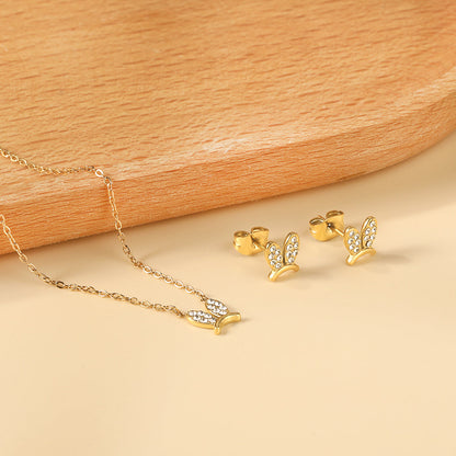 Rabbit Headdress Pendant with Diamonds Jewelry Set Steel/Gold
