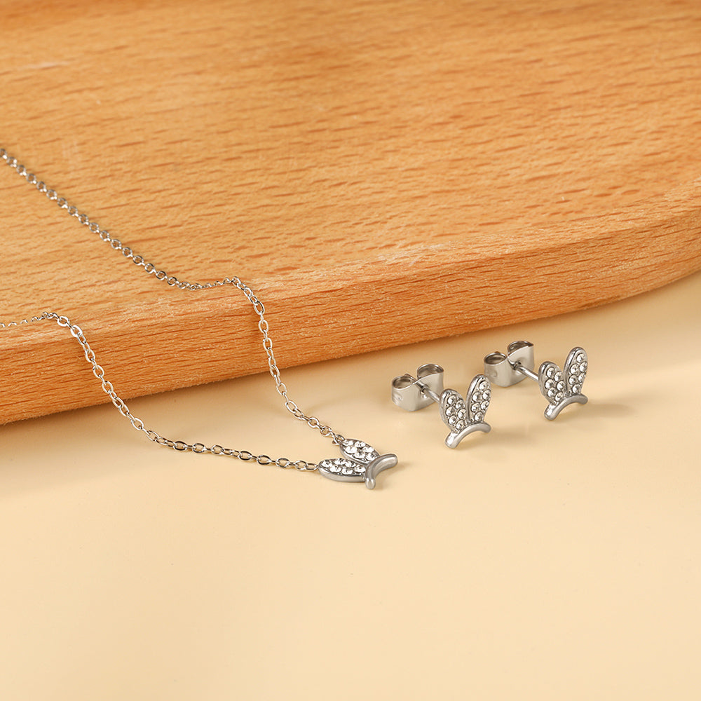 Rabbit Headdress Pendant with Diamonds Jewelry Set Steel/Gold
