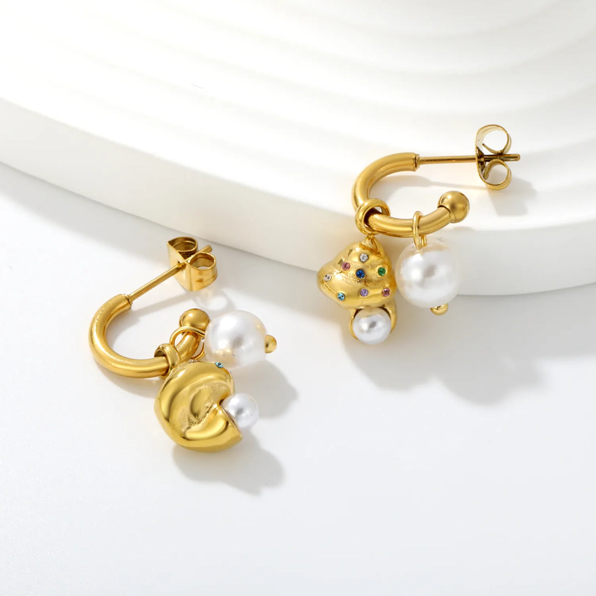 Ice Cream CZ Pearl Drop Hoop Earrings | 18K Gold Plated Stainless Steel Fun Earrings Wholesale