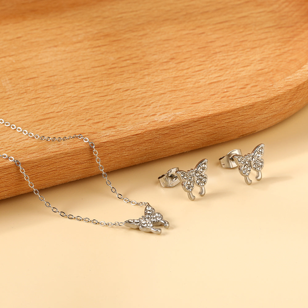 Butterfly Pendant Jewelry Set with Diamonds Steel/Gold