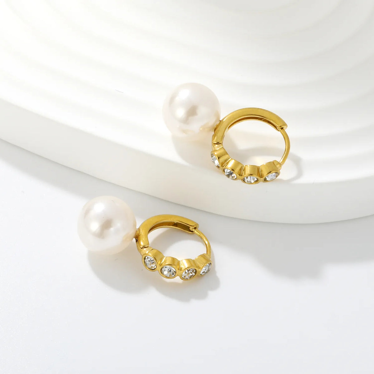 CZ Inlaid Pearl Drop Huggie Hoop Earrings | Gold & Steel Color Option | Wholesale MOQ 12
